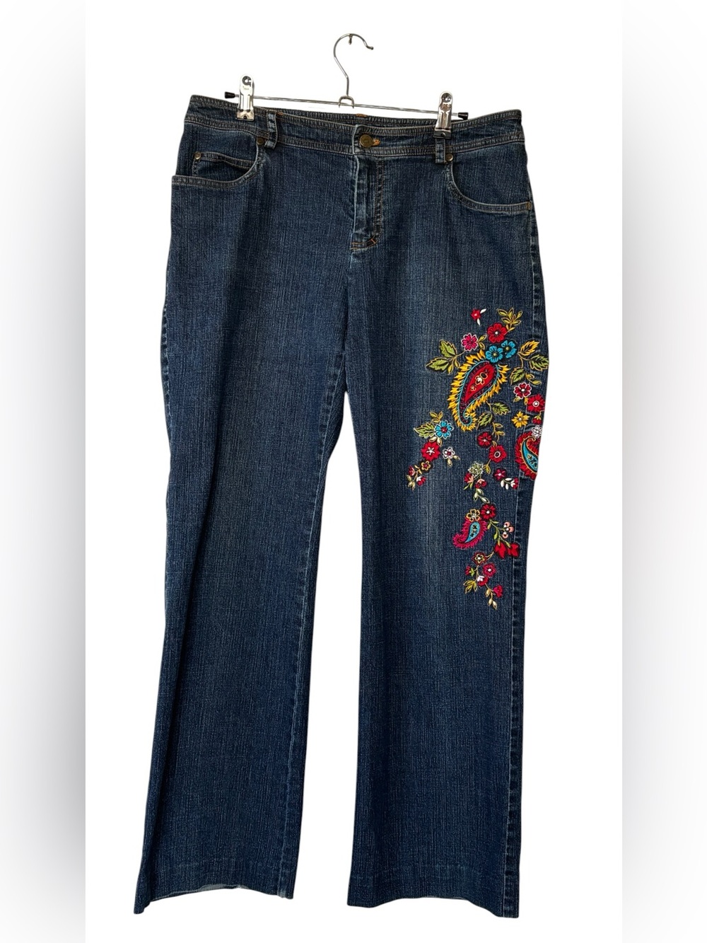 Bandolino Dark Blue Flare Jeans with Multicolor Paisley Embroidery